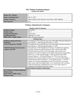 Idaho National Laboratory SEC Petition Evaluation Report, Petition