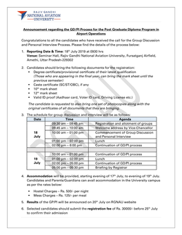 Announcement Regarding the GD/PI Process for the Post Graduate Diploma Program in Airport Operations