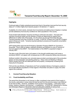 Tanzania Food Security Report: December 15, 2000