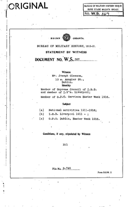ROINN COSANTA. BUREAU of MILITARYHISTORY, 1913-21. STATEMENT by WITNESS DOCUMENT NO. W.S. 367 Witness Mr. Joseph Gleeson, 10 A