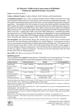 North Pennine Moors SPA Citation