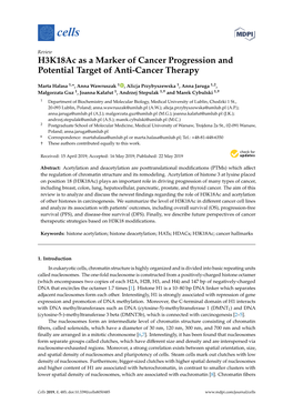 H3k18ac As a Marker of Cancer Progression and Potential Target of Anti-Cancer Therapy