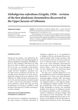 Globuligerina Oxfordiana (Grigelis, 1958) – Revision of the First Planktonic Foraminifera Discovered in the Upper Jurassic of Lithuania