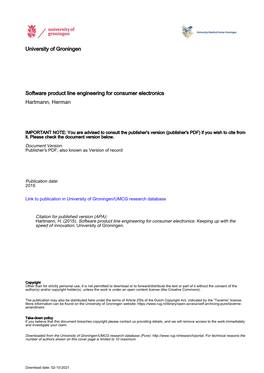 University of Groningen Software Product Line Engineering For