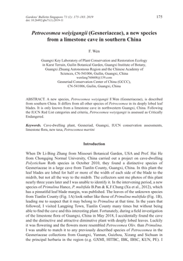 Petrocosmea Weiyigangii (Gesneriaceae), a New Species from a Limestone Cave in Southern China