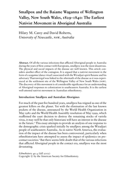 Smallpox and the Baiame Waganna of Wellington Valley, New South Wales, 1829–1840: the Earliest Nativist Movement in Aboriginal Australia