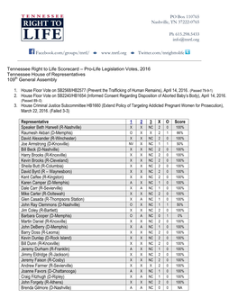 Tennessee Right to Life Scorecard – Pro-Life Legislation Votes, 2016 Tennessee House of Representatives 109Th General Assembly