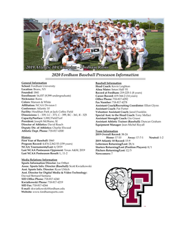 2020 Fordham Baseball Preseason Information 2019 Atlantic 10