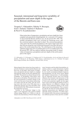 Seasonal, Interannual and Long-Term Variability of Precipitation and Snow Depth in the Region of the Barents and Kara Seas