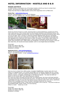Hotel Information - Hostels and B & B