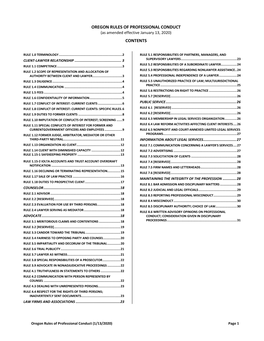 OREGON RULES of PROFESSIONAL CONDUCT (As Amended Effective January 13, 2020) CONTENTS