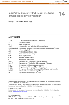 India's Food Security Policies in the Wake of Global Food Price Volatility