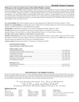 Rasdale Stamp Company Welcome to the Second Session of the 443Rd Public Auction Please Note: Pre-Auction Bidding Closes on February 21,2020 at 5:00 (CST)