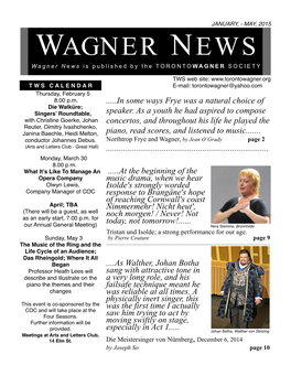 WAGNER NEWS Wagner News Is Published by the TORONTOWAGNER SOCIETY