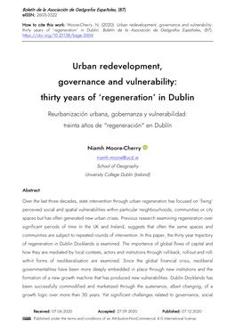 Urban Redevelopment, Governance and Vulnerability: Thirty Years of ‘Regeneration’ in Dublin
