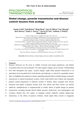 Global Change, Parasite Transmission and Disease Control: Lessons from Ecology