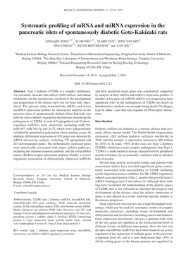 Systematic Profiling of Mrna and Mirna Expression in the Pancreatic Islets of Spontaneously Diabetic Goto‑Kakizaki Rats