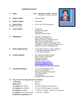 I CURRICULUM VITAE 1. Name : Prof. Mahender Reddy Sarsani