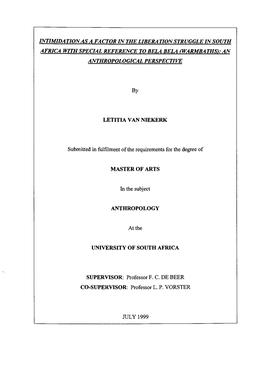 Intimidation As a Factor in the Liberation Struggle in South Africa with Special Reference to Bela Bela Warmbaths): an Anthropological Perspective