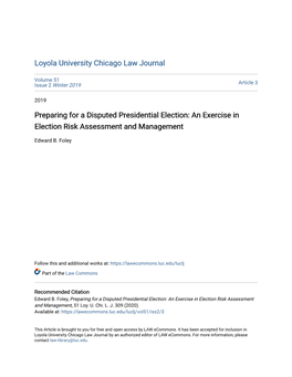Preparing for a Disputed Presidential Election: an Exercise in Election Risk Assessment and Management
