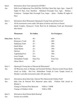 Ques1. Information About Tours Operated by DTTDC? Ans