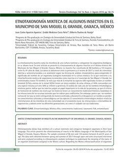 Etnotaxonomía Mixteca De Algunos Insectos En El Municipio De