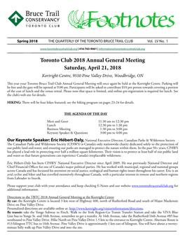 Toronto Club 2018 Annual General Meeting Saturday, April 21, 2018 Kortright Centre, 9550 Pine Valley Drive, Woodbridge, ON