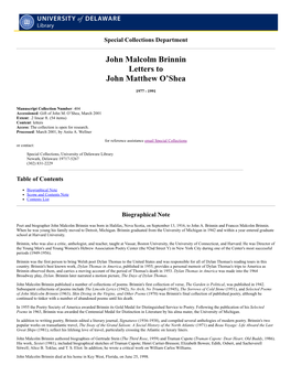 John Malcolm Brinnin Letters to John Matthew O'shea