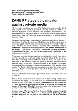 ZANU PF Steps up Campaign Against Private Media