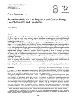 Proline Metabolism in Cell Regulation and Cancer Biology: Recent Advances and Hypotheses