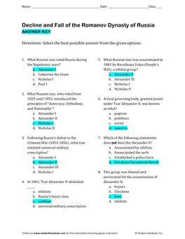 Decline and Fall of the Romanov Dynasty of Russia ANSWER KEY