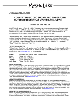 Country Music Duo Sugarland to Perform Outdoor Concert at Mystic Lake July 3