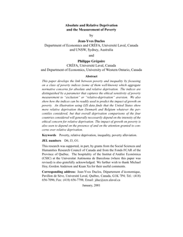 Absolute and Relative Deprivation and the Measurement of Poverty by Jean-Yves Duclos Department of Economics and CRЙFA, Univers