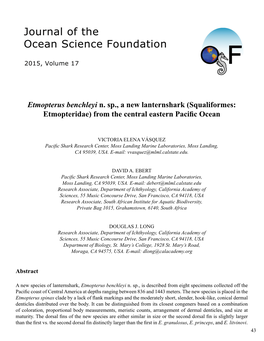 Etmopterus Benchleyi N. Sp., a New Lanternshark (Squaliformes: Etmopteridae) from the Central Eastern Pacific Ocean