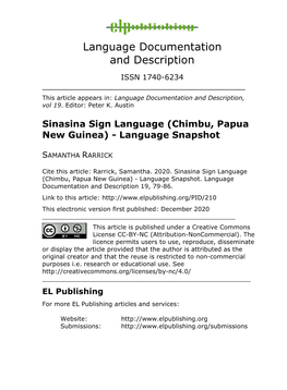 Sinasina Sign Language (Chimbu, Papua New Guinea) - Language Snapshot