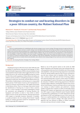 Strategies to Combat Ear and Hearing Disorders in a Poor African Country, the Malawi National Plan