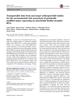 Transportable Data from Non-Target Arthropod Field Studies for the Environmental Risk Assessment of Genetically Modified Maize E