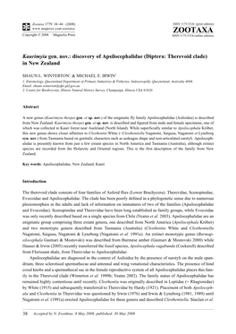 Zootaxa, Kaurimyia Gen. Nov.: Discovery of Apsilocephalidae (Diptera: Therevoid Clade)