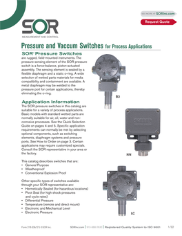 Pressure and Vaccum Switches for Process Applications SOR® Pressure Switches Are Rugged, Field-Mounted Instruments