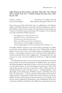 Gilles Monsarrat, Brian Vickers and R. J. C. Watt (Eds). the Collected Works of John Ford, Volume 1. Oxford: Oxford University P