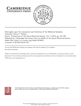 Side-Lights Upon the Assessment and Collection of the Mediæval Subsidies Author(S): James F