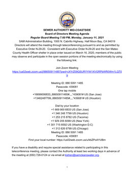 SEWER AUTHORITY MID-COASTSIDE Board of Directors Meeting Agenda Regular Board Meeting 7:00 PM, Monday, January 11, 2021 SAM Administration Building, 1000 N