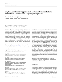 Euglena Gracilis and Trypanosomatids Possess Common Patterns in Predicted Mitochondrial Targeting Presequences