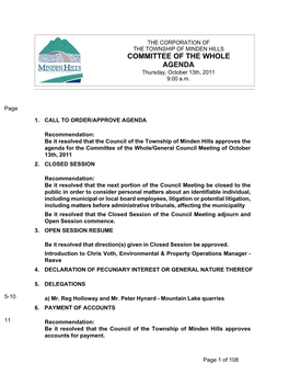 COMMITTEE of the WHOLE AGENDA Thursday, October 13Th, 2011 9:00 A.M