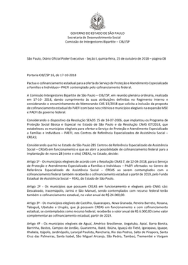 GOVERNO DO ESTADO DE SÃO PAULO Secretaria De Desenvolvimento Social Comissão De Intergestores Bipartite – CIB//SP São Paulo