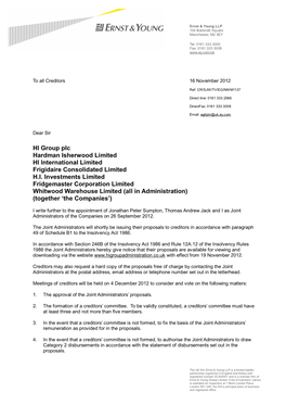 HI Group Plc Hardman Isherwood Limited HI International Limited Frigidaire Consolidated Limited H.I. Investments Limited Fridgem