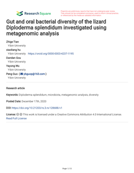 Gut and Oral Bacterial Diversity of the Lizard Diploderma Splendidum Investigated Using Metagenomic Analysis