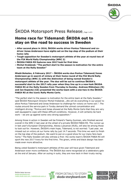 ŠKODA Motorsport Press Release, Page 1 of 5