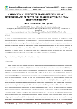 Antimicrobial, Anticancer Properties from Various Tissues Extracts of Puffer Fish Arothron Stellatus from Thoothukudi Coast