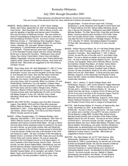 Kentucky Obituaries July 2001 Through December 2001 These Obituaries Are Gleaned from Mercer County Funeral Homes